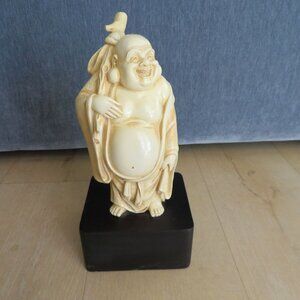 Vintage Laughing Buddha Figurine on Black Wood Base Ivory-Like Resin Statue